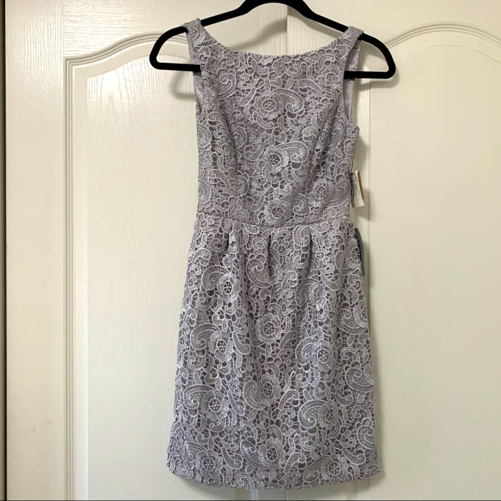 Aidan Mattox Silver Grey Lace Open Back Cocktail Dress